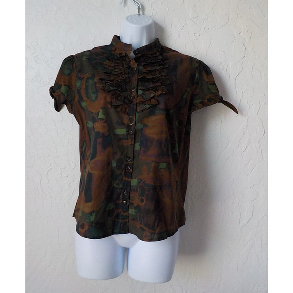 Piazza Sempione Camouflage Brown Blouse Women IT 44 / US M Button Up Ruffle Bow - Picture 1 of 13